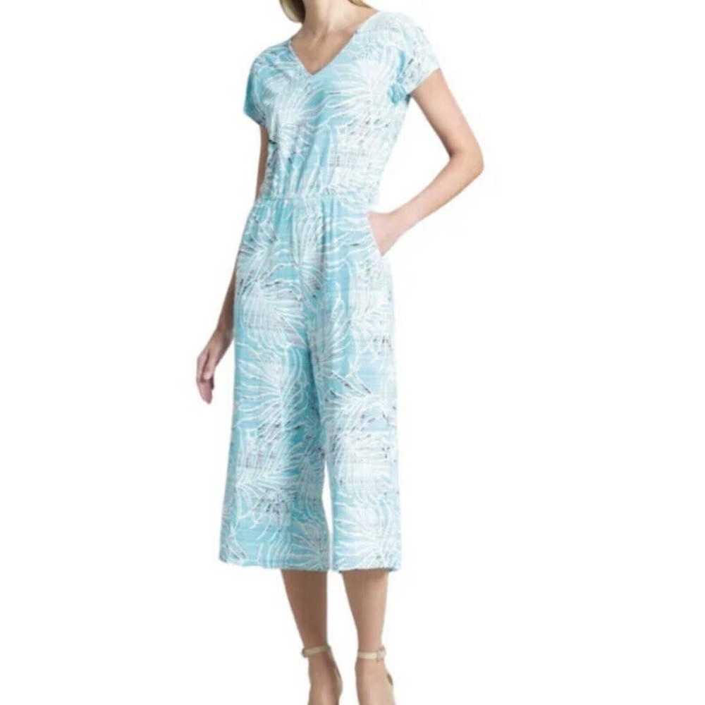 Clara Sun Woo Jumpsuit Wide Leg Crop Small Blue Tropical Palms Pockets